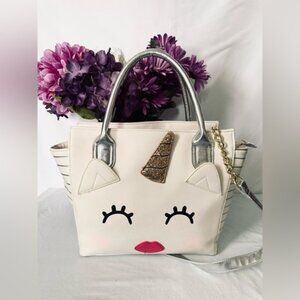 Betsy Johnson Unicorn 2-Way Shoulder Bag Tote/Crossbody in White/Silver Metallic
